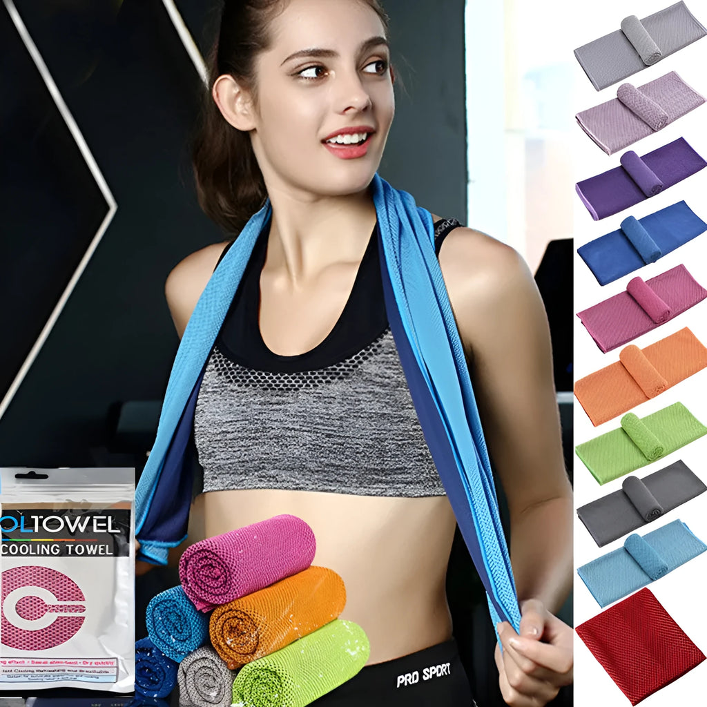 Blue quick-drying cooling towel made from microfiber spandex and kapok 30x100cm