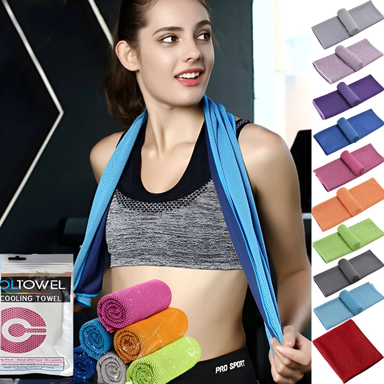 Blue quick-drying cooling towel made from microfiber spandex and kapok 30x100cm