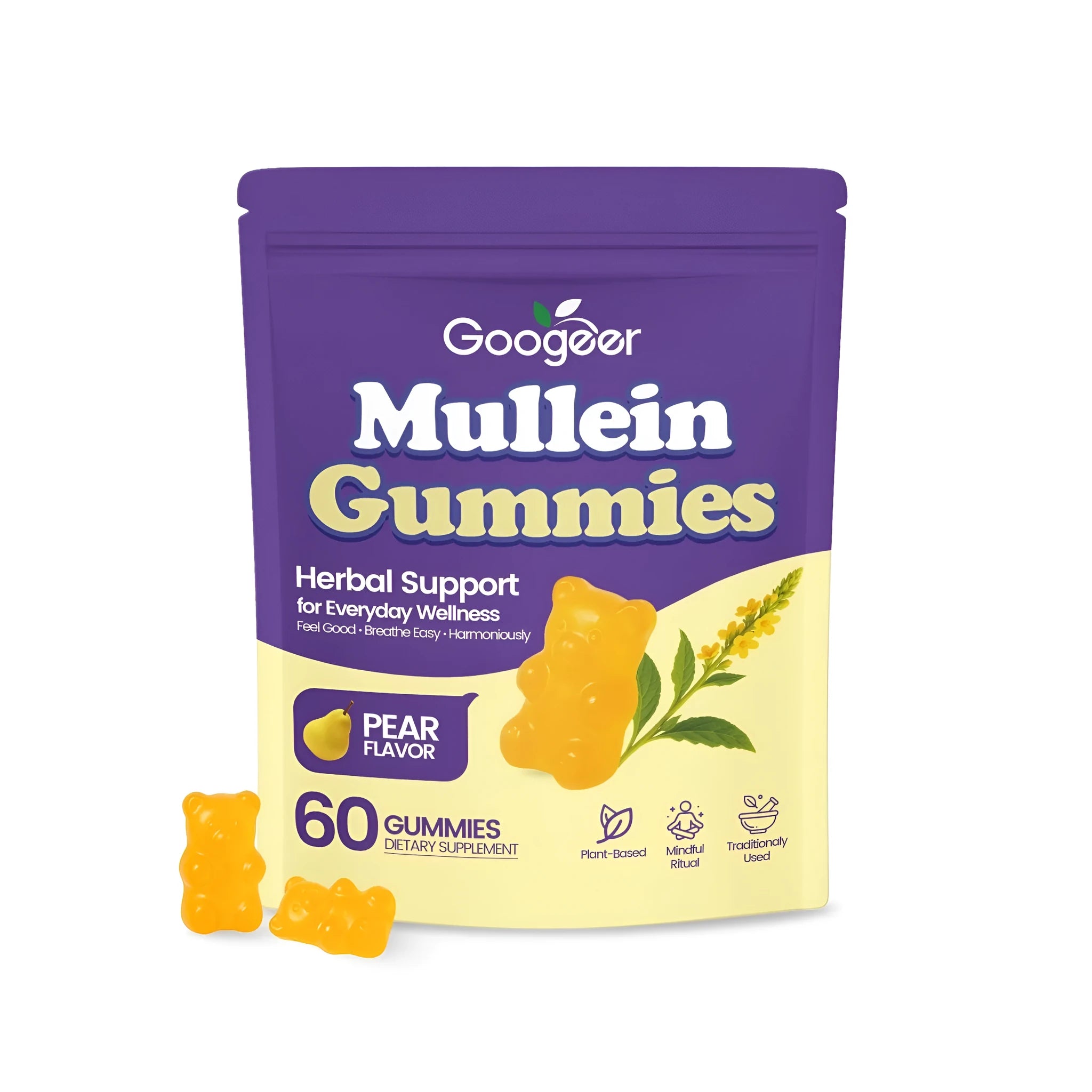 Container of mullein extract soft gummies showing 60 count and verbena officinalis leaf extract