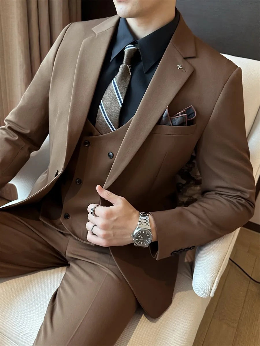 Men's slim fit business formal wear jacket in a chemical fibre blend available in dark green, brown, and camel colours.