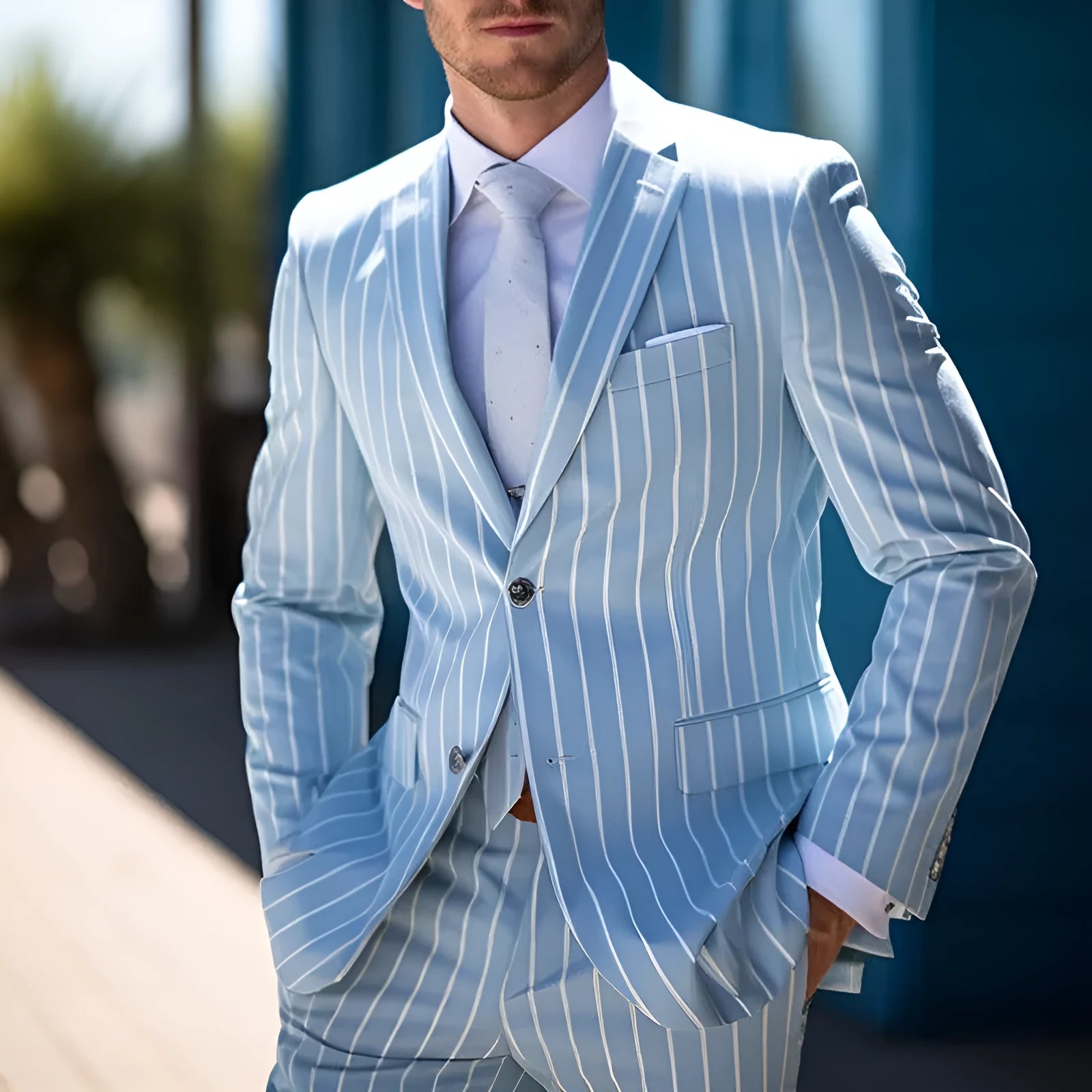 Blue and white button British style double button suit jacket for men with straight hem design