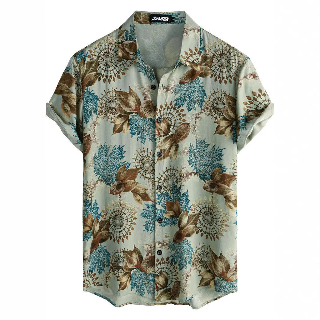 Hawaiian floral print lapel short sleeve shirt in cardigan style.