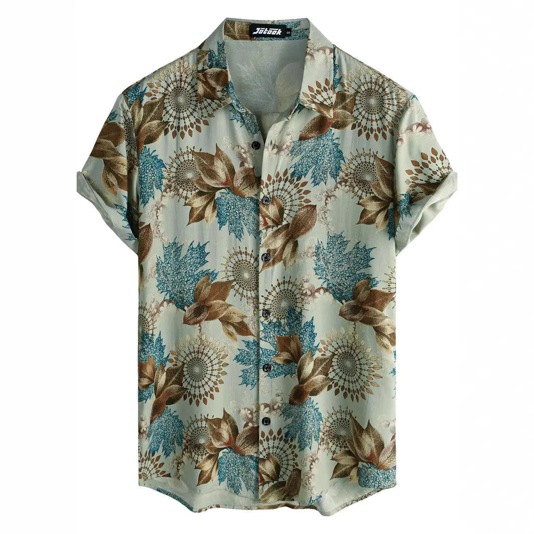 Hawaiian floral print lapel short sleeve shirt in cardigan style.