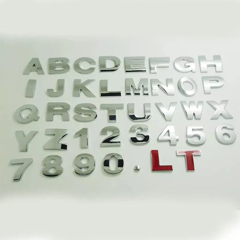 Zinc alloy metal car letter stickers showing 3D raised effect on vehicle bumper