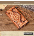Chinese style embossed tri-fold leather wallet in retro brown colour showing floral pattern