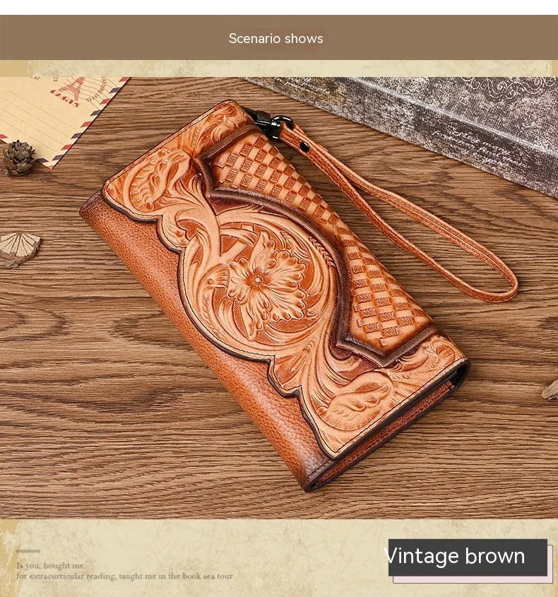 Chinese style embossed tri-fold leather wallet in retro brown colour showing floral pattern