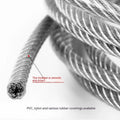 Coiled 304 stainless steel security wire rope with a coated finish on a white background.