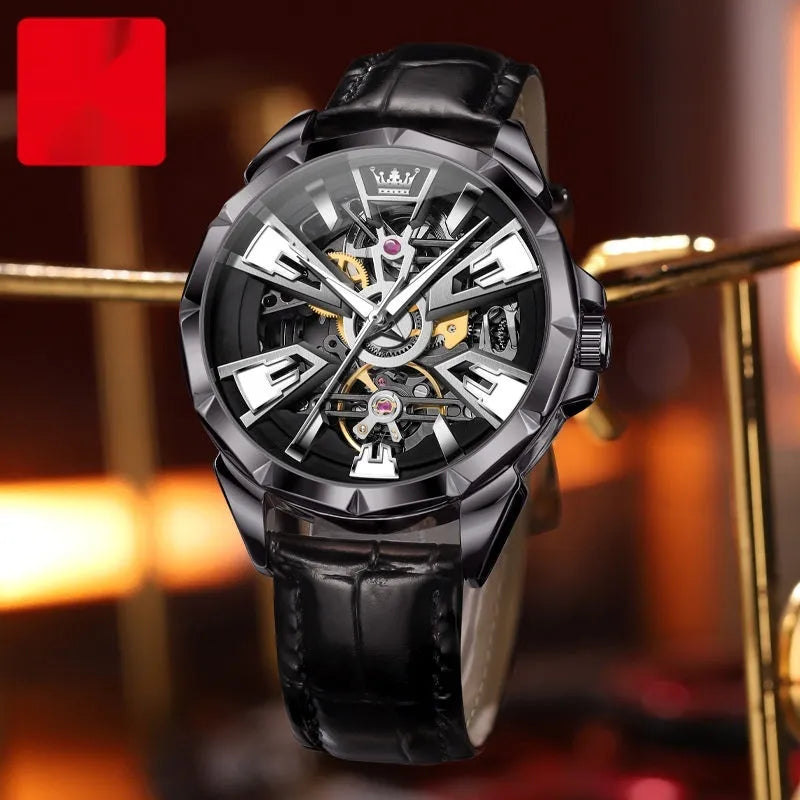 Men's automatic mechanical watch with hollow transparent case back showing movement, 44mm barrel-shaped dial, and genuine leather strap