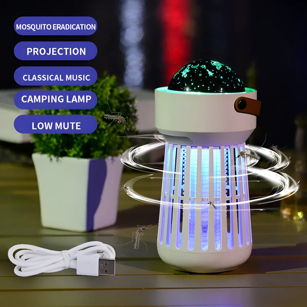 White electric mosquito killer lamp with star projection feature and folding handle