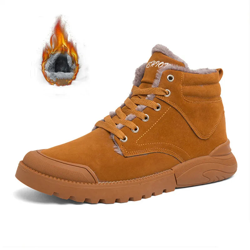 Men's winter warm plush ankle boots with suede upper, rubber sole, round toe, and front tie closure, available in multiple colours