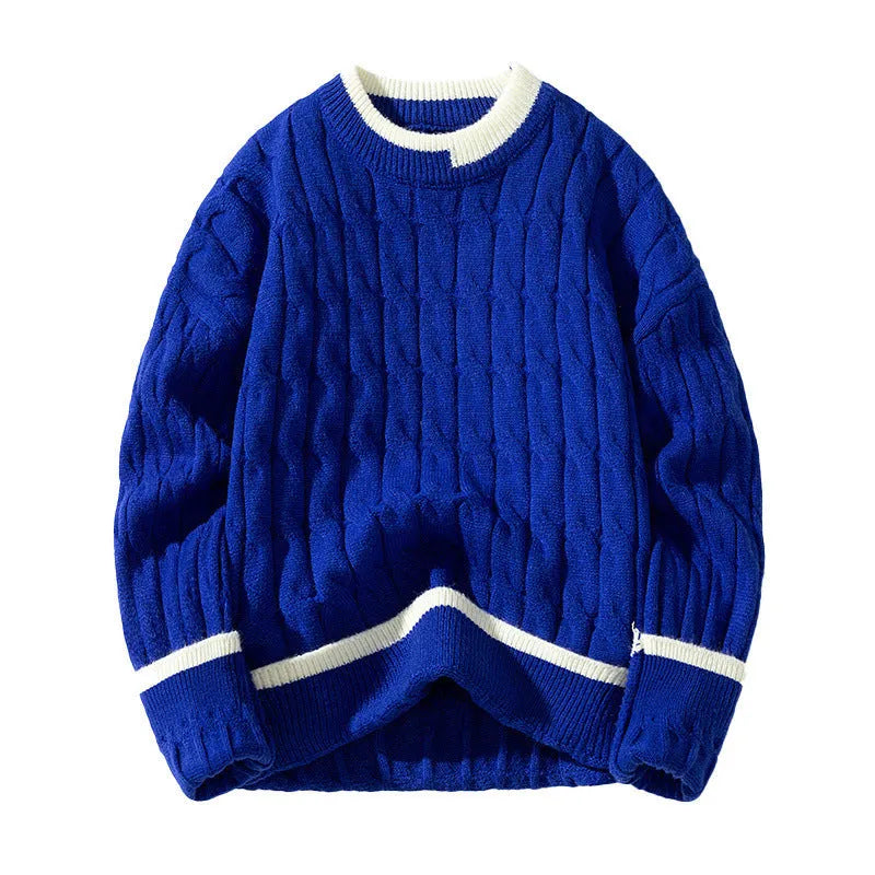 Men's loose fit grey pullover sweater with long sleeves on a neutral background.