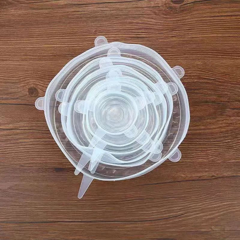 Six silicone stretch food covers in different sizes from 6.5cm to 20.5cm diameter