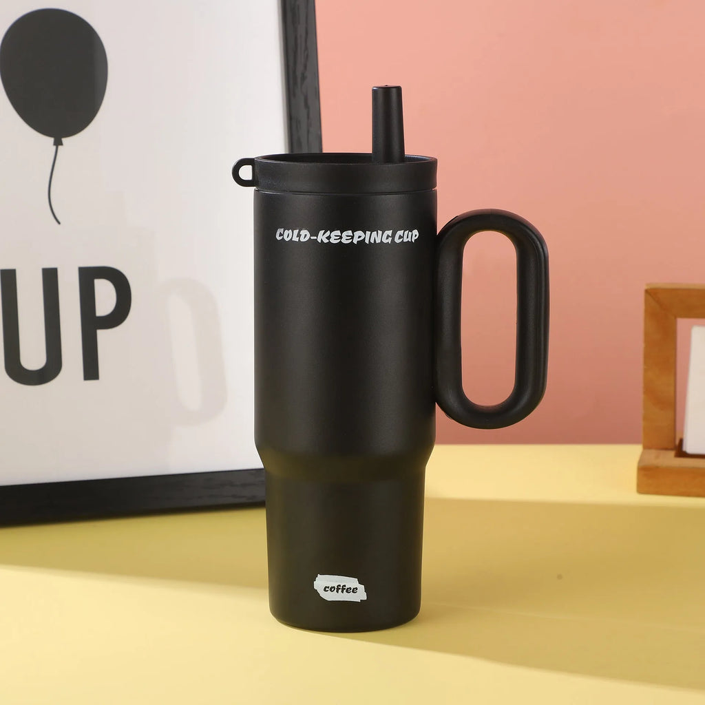 Large portable straw cup with handle in black, pink, sky blue, white, or yellow.