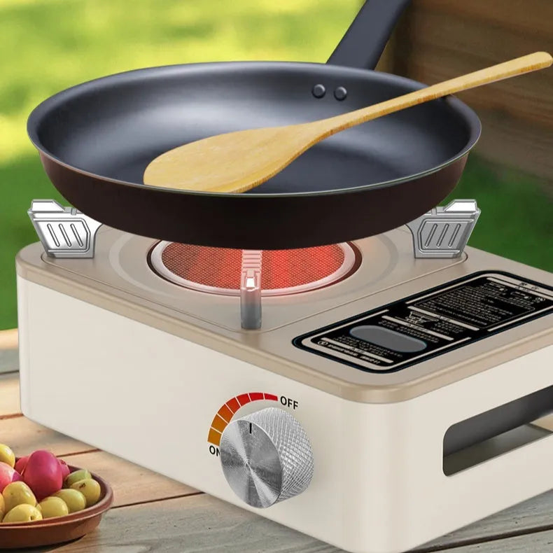 White portable infrared gas stove for outdoor cooking with windproof stainless steel construction