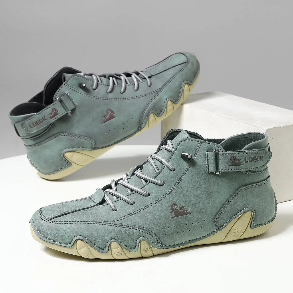 Octopus men's khaki high top boots with round toe and non-slip rubber sole.