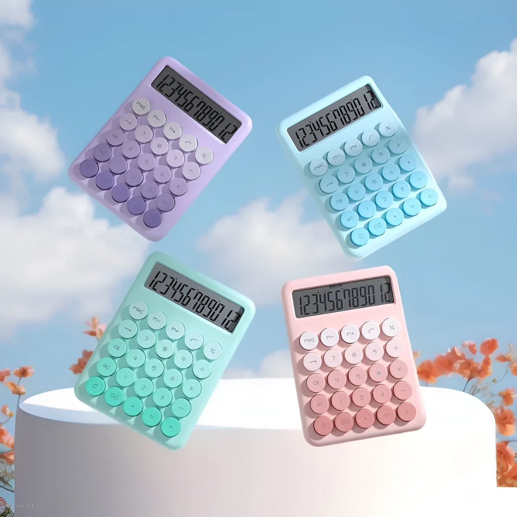 Gradient colour desk calculator in violet, pink, blue, or mint green on a desk.
