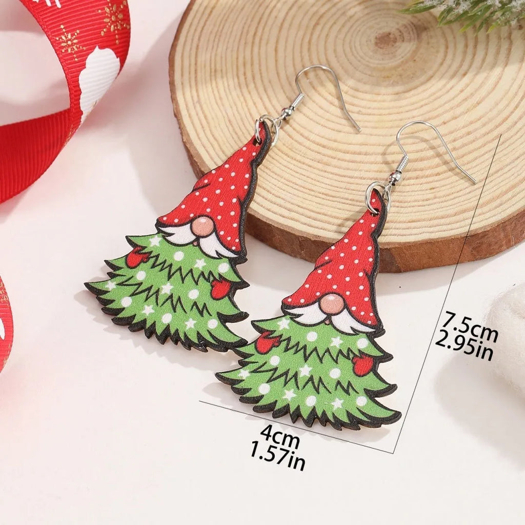 Wooden Christmas earrings set with geometric tree and water drop snowman designs