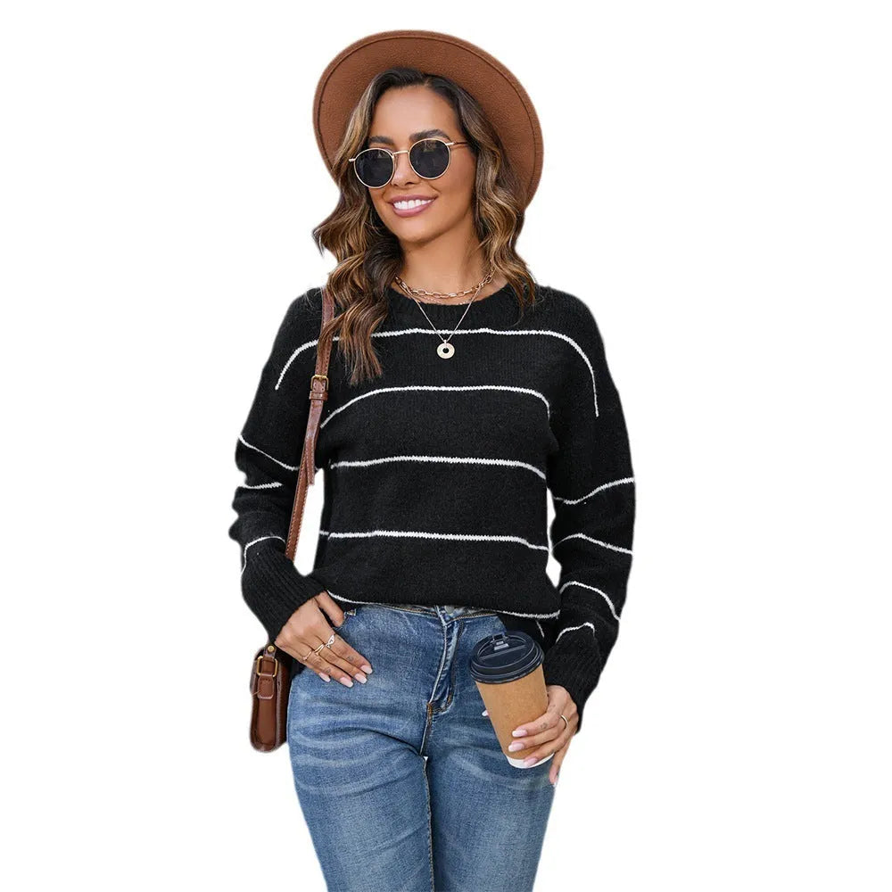 Women's striped pullover sweater loose fit round neck black white colour option