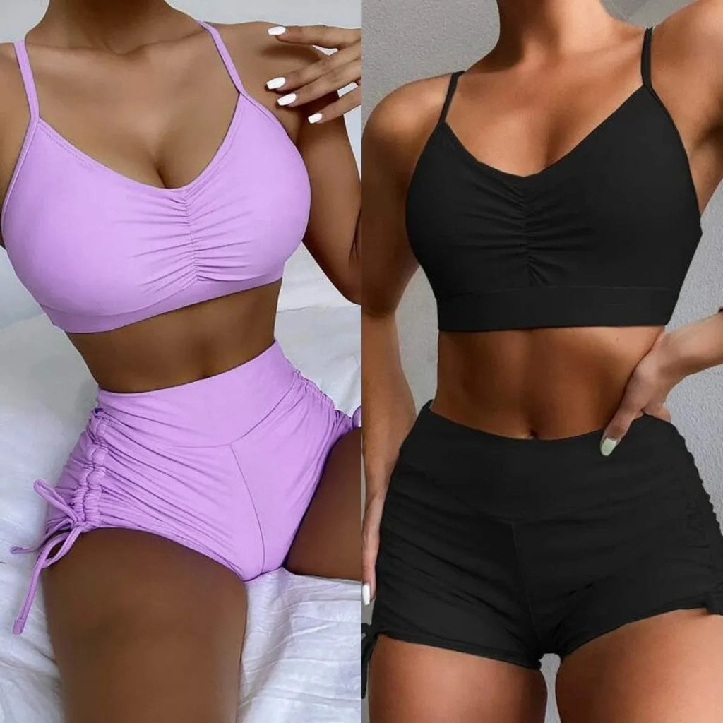 Women's high waist split swimsuit bikini set in purple or black, made from nylon and spandex.