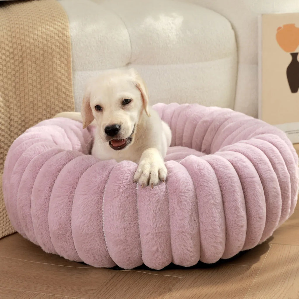 Circular plush pet bed mat in beige colour showing soft long hair rabbit plush material texture