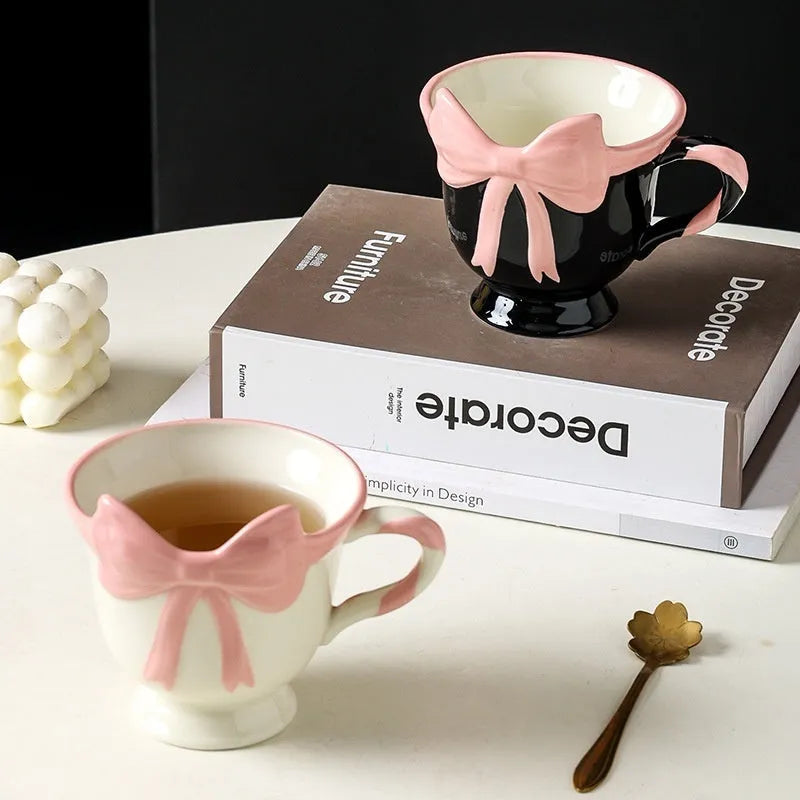 Ceramic mug with girl heart bow design in white or black pink colour, 301-400ml capacity