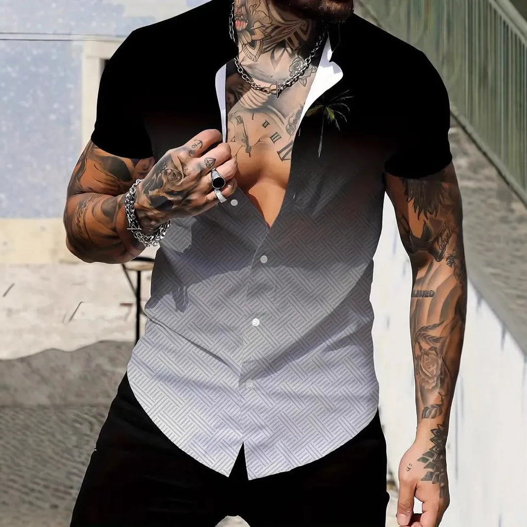Men's geometric line print short sleeve shirt in slim fit cardigan style
