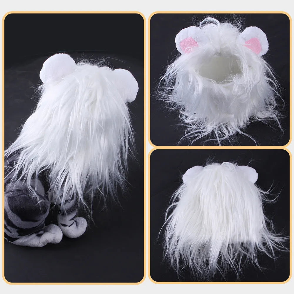 Black lion mane pet cat headgear wig hat shown on a cat, with white colour option available.