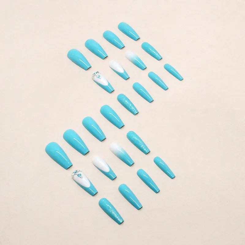 Smart blue diamond colour long ballet false nails with adhesive glue