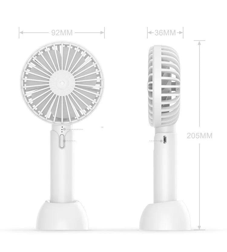 Blue handheld USB electric fan with speed control buttons and oscillation function on desktop