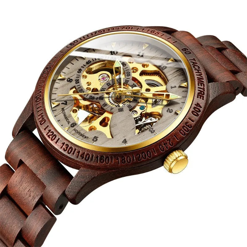 Men's sandalwood automatic mechanical watch with 44 mm wood and alloy case and leather strap