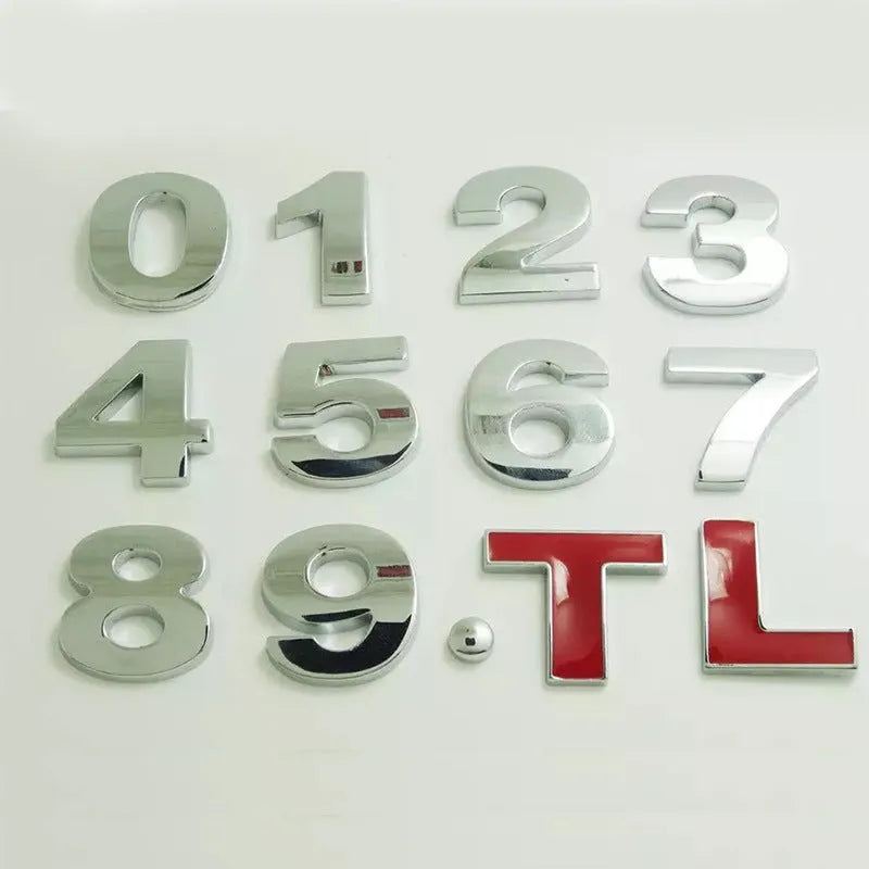 Zinc alloy metal car letter stickers showing 3D raised effect on vehicle bumper