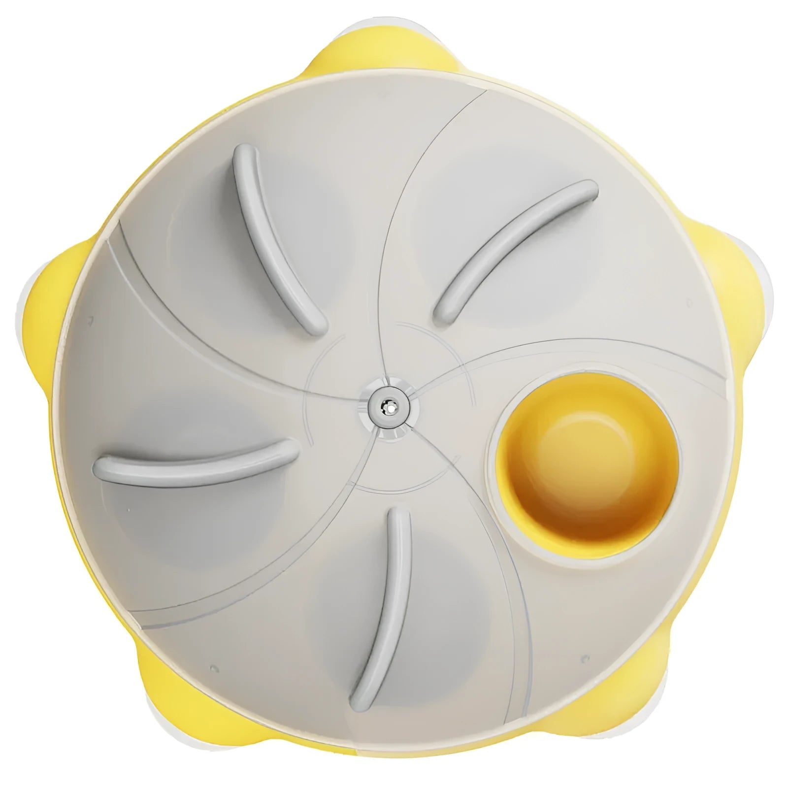 Yellow plastic cat feeding plate with maze design and obstacle ridges for slow feeding