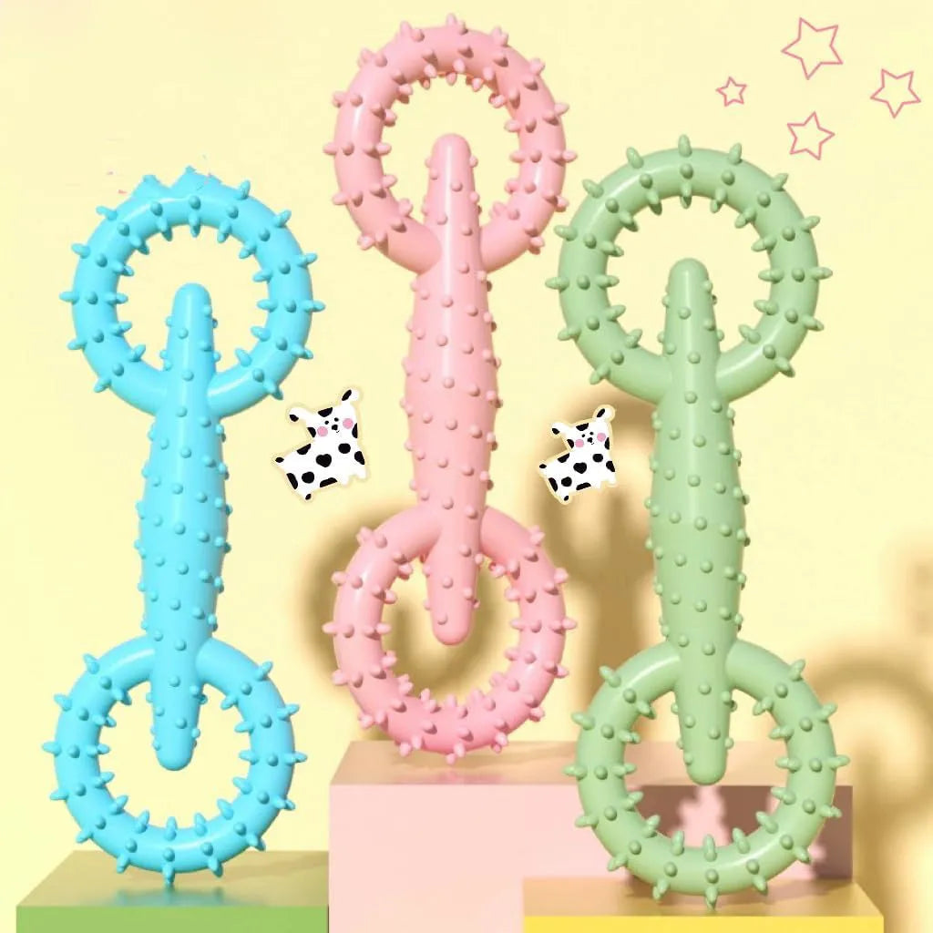 Blue TPR dog chew toy ring with chew board texture, shown beside measurement scale indicating 16cm diameter