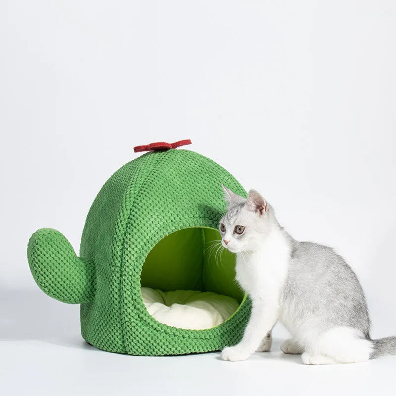 Green cactus-shaped enclosed pet bed cave for cats and small dogs