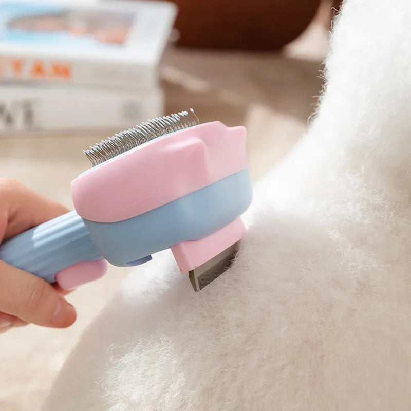 Blue double-sided pet grooming brush showing undercoat rake and dematting comb on a white background.