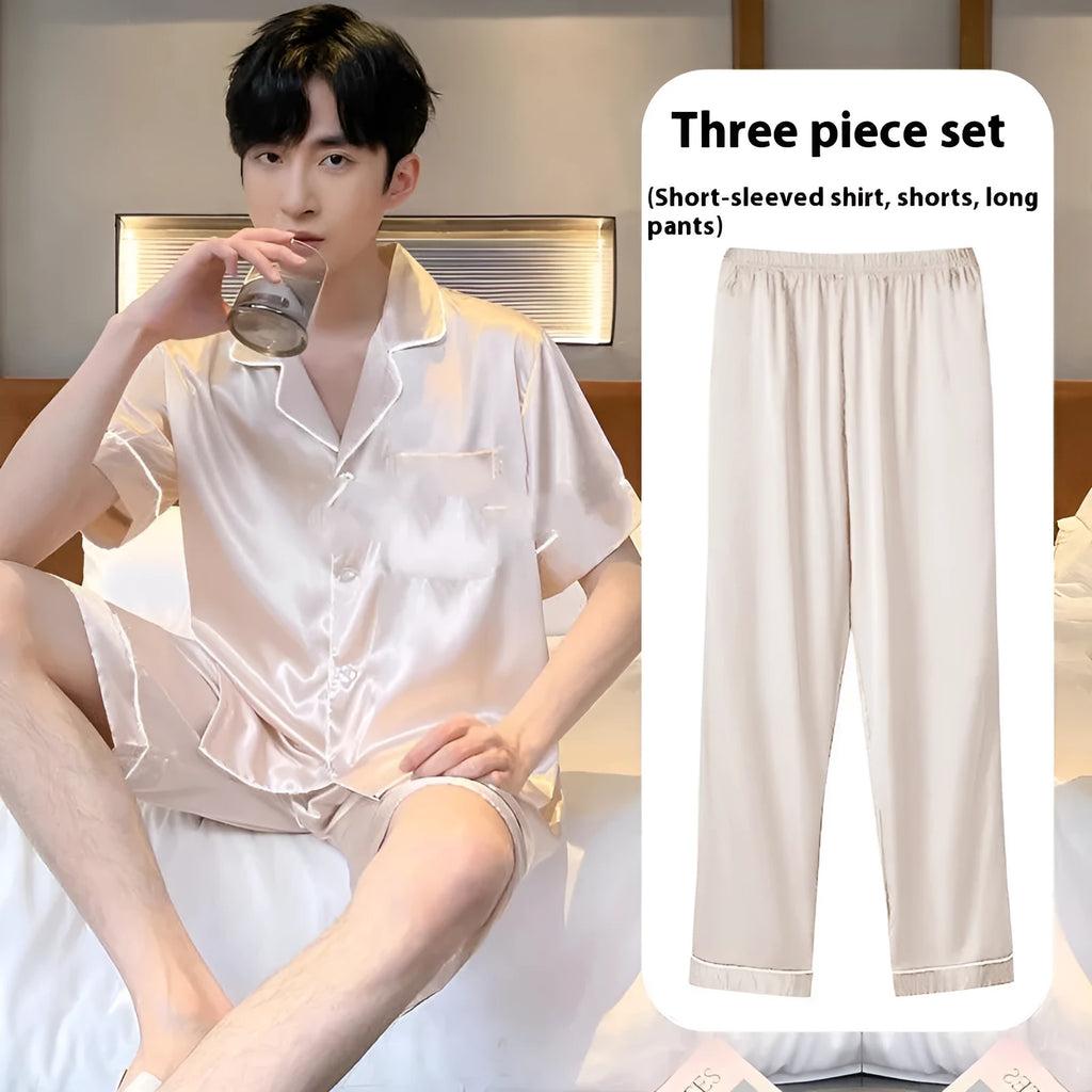 Men's black ice silk three-piece home wear pyjama set showing top, shorts, and trousers laid flat.