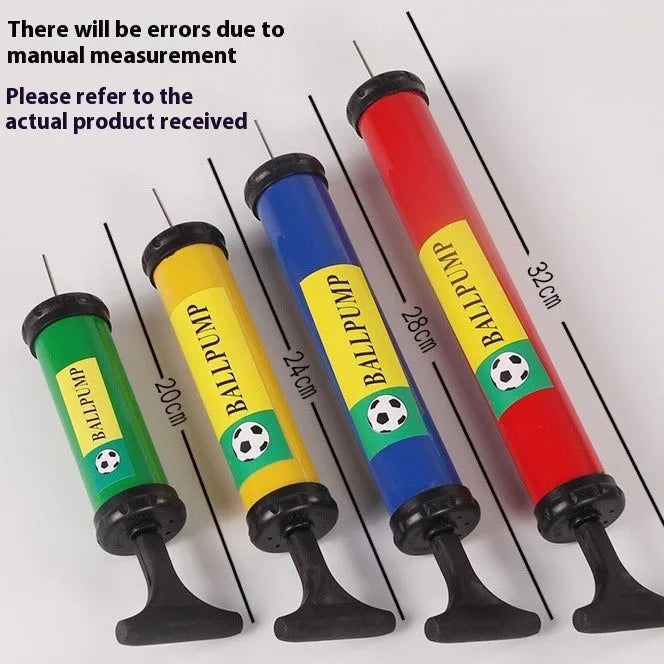 Manual plastic hand pump in mixed colours for inflating basketballs, volleyballs, and footballs.