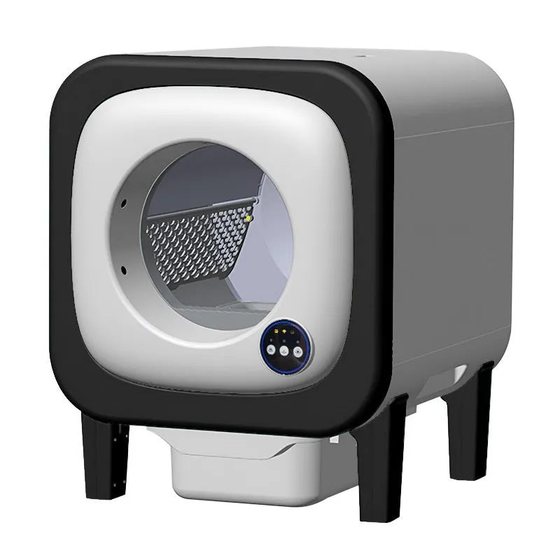 72-litre self-cleaning cat litter box with splash guard in black ABS plastic