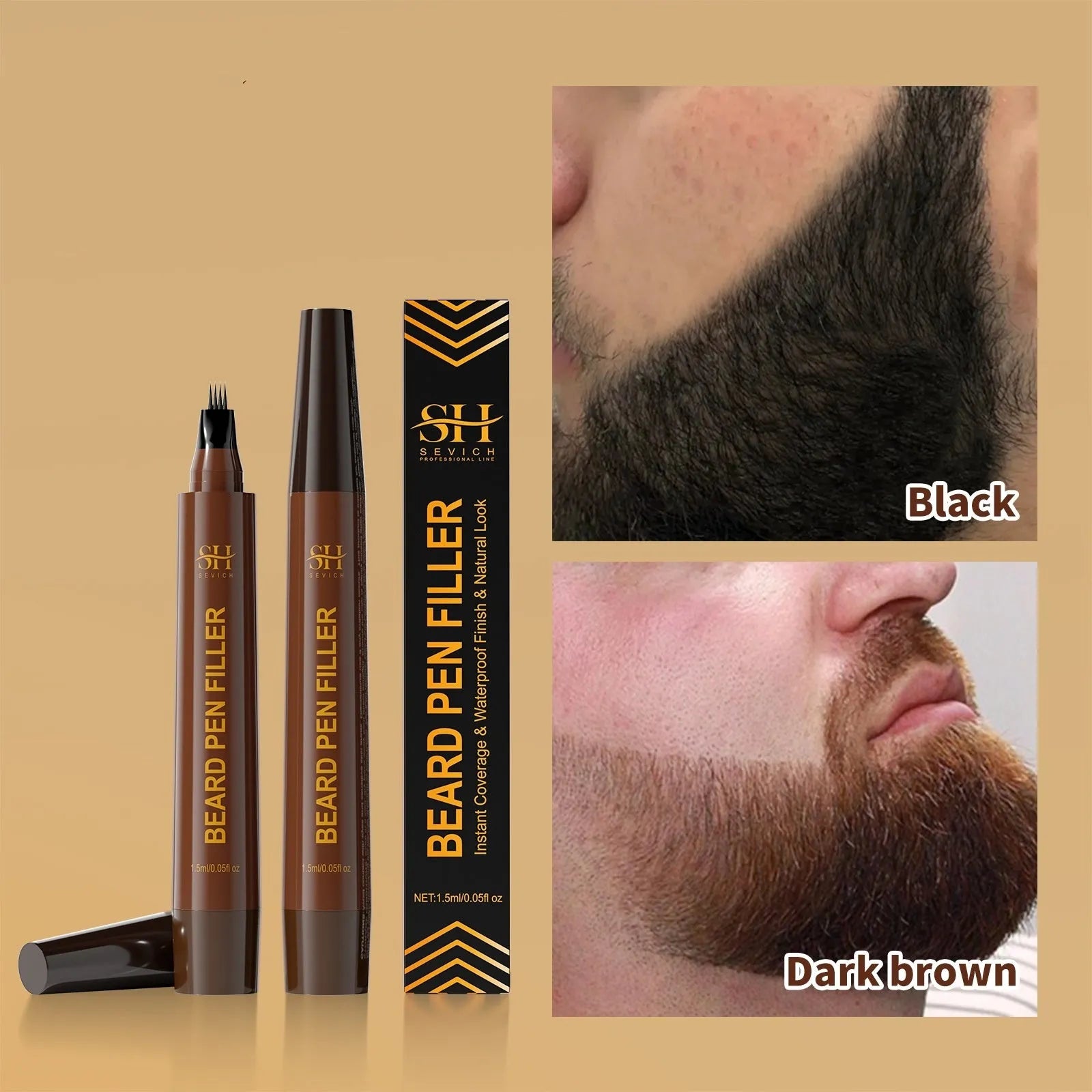 Men's sweatproof beard and hairline filler pencil with eyebrow pencil in black or dark brown