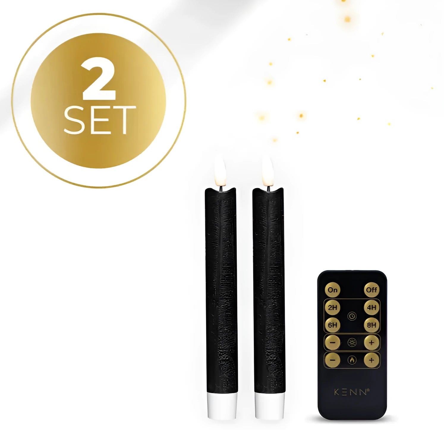 Four black LED taper candles with realistic 3D flame effect, battery operated decorative lighting