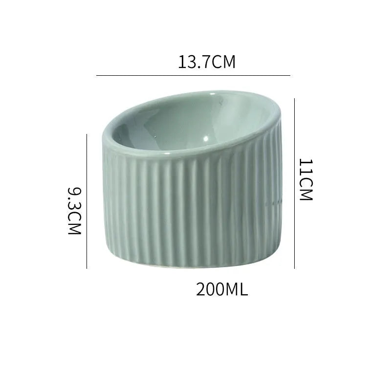 Elevated ceramic cat bowl in light green colour with tilted round design for comfortable feeding