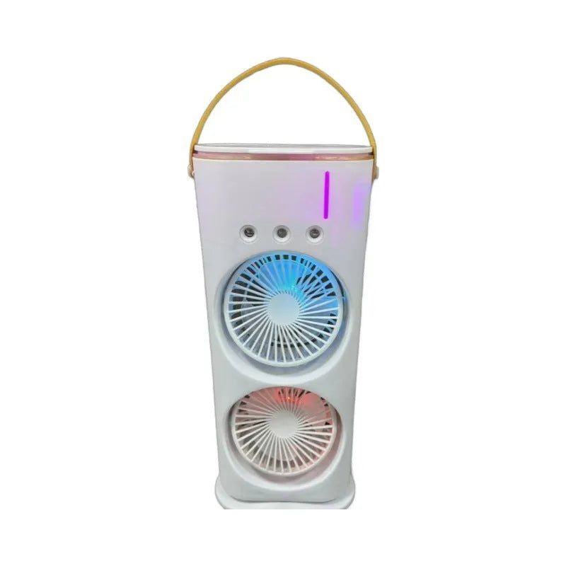 White double-ended portable USB fan with humidifying spray tank and remote control on a desk.