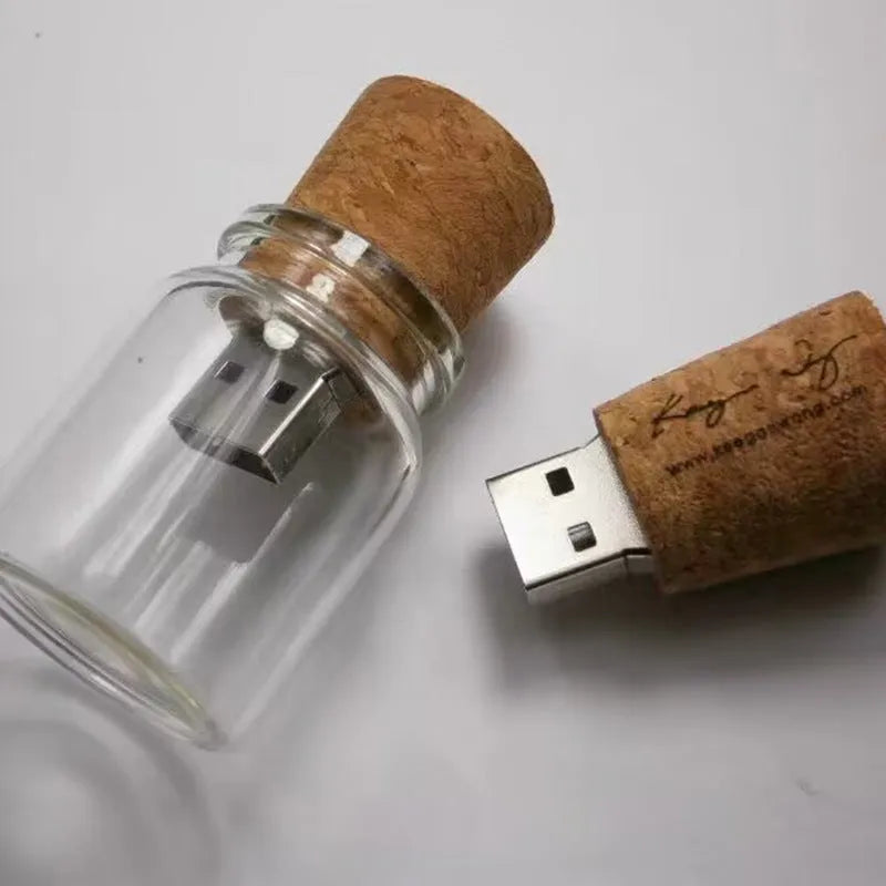 Transparent USB flash drive showing a wooden bottle model inside, dimensions 60mm by 28mm.
