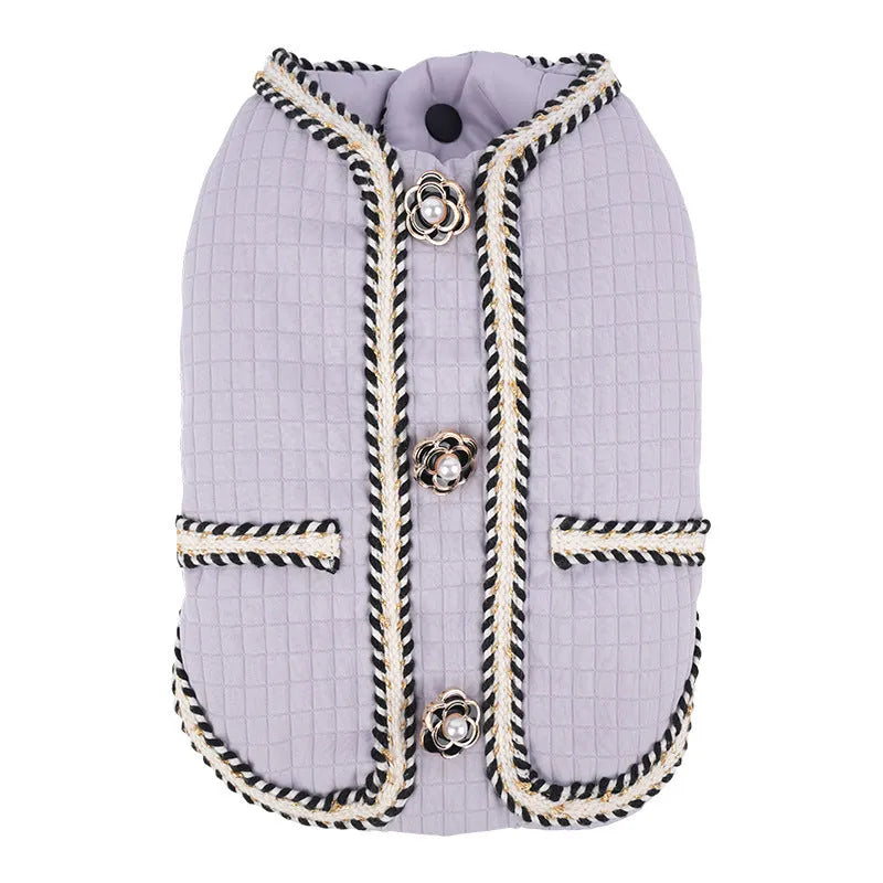 Quilted polyester dog coat in light purple with cartoon design for autumn and winter warmth