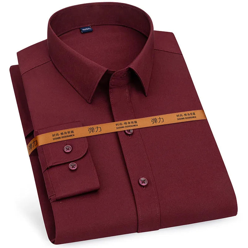 Men's long-sleeved stretch business cardigan shirt in solid colour, slim fit, polyester fabric, autumn work wear