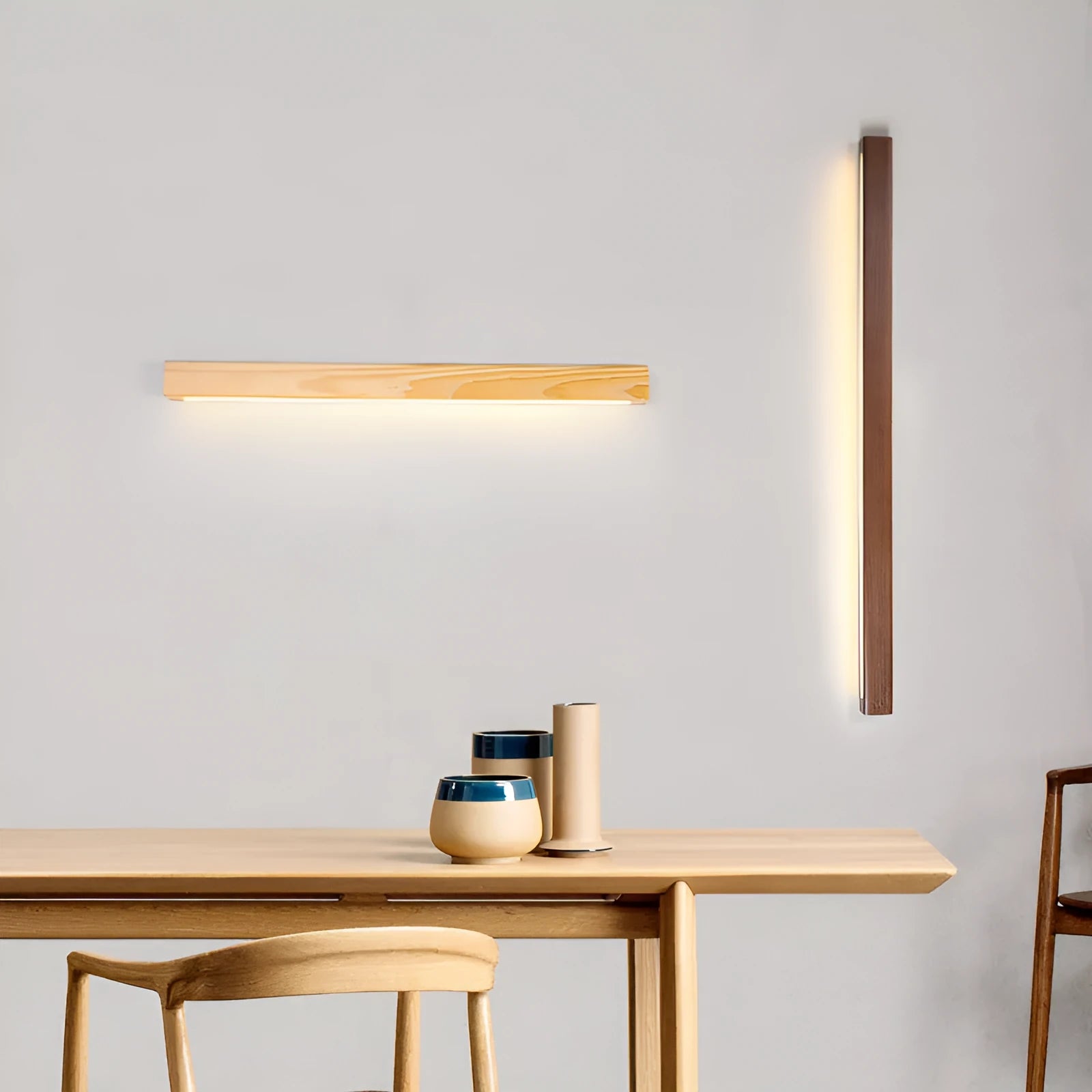 Walnut colour log strip wall lamp with LED lighting in modern minimalist design