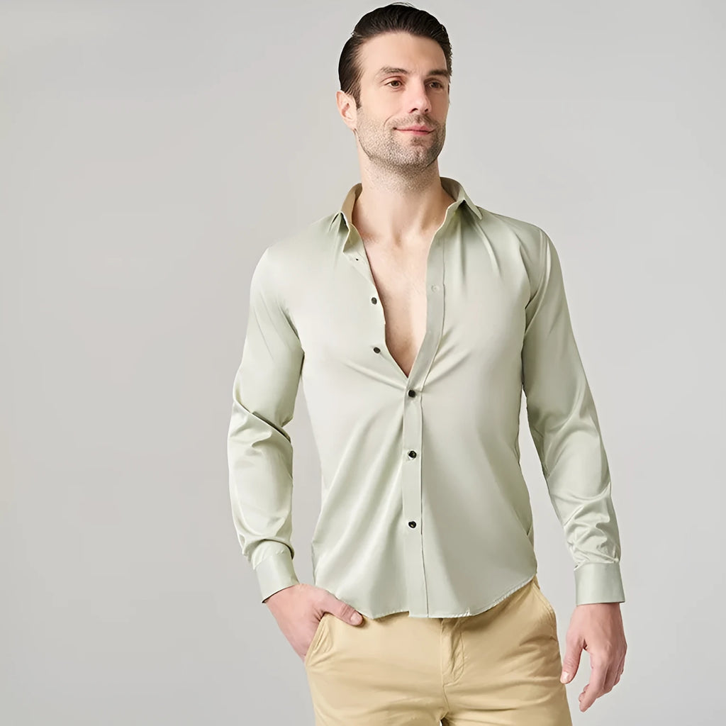 Men's stretch polyester long sleeve work shirt in multiple colours with button-front and crew neck design