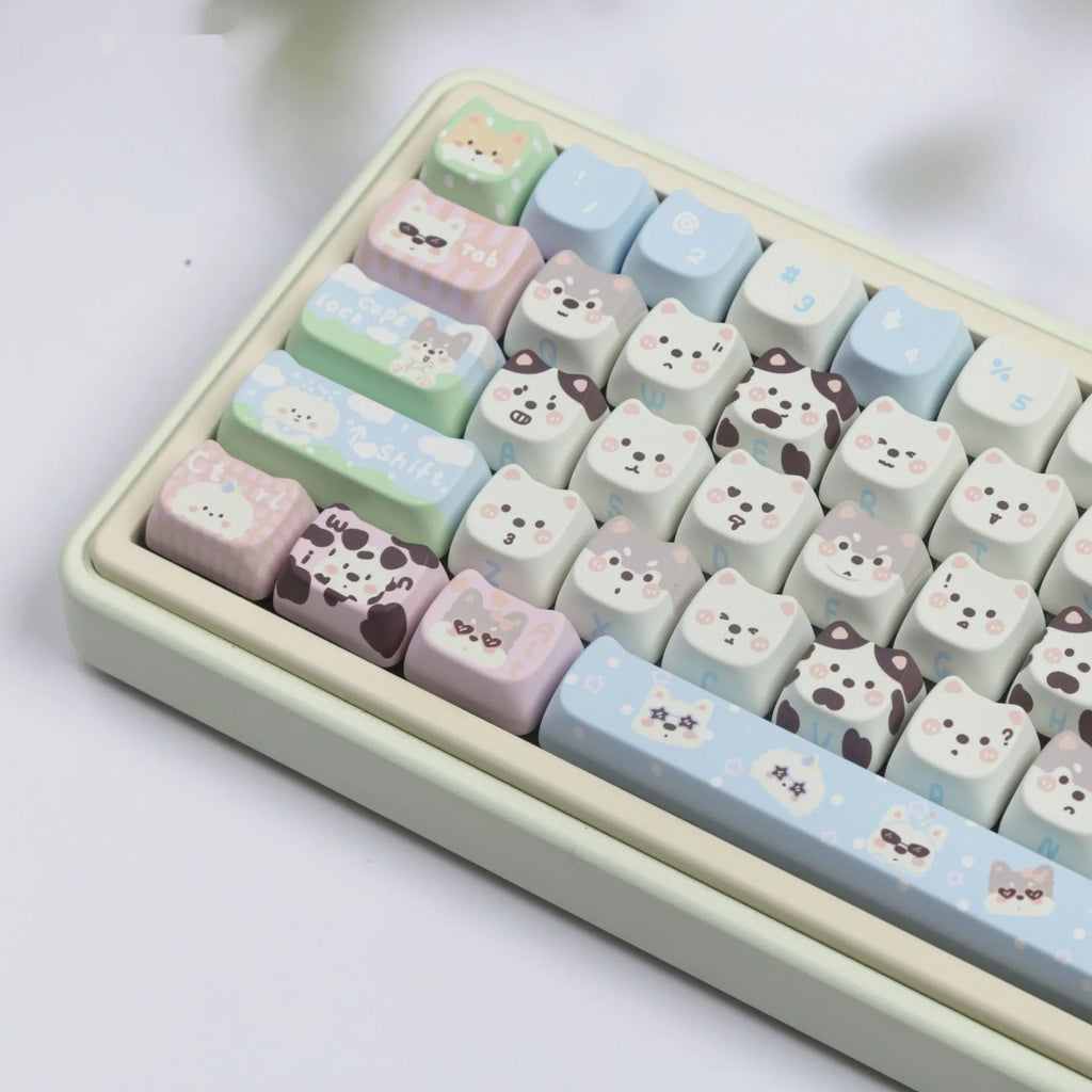 PBT sublimation full set key caps showing cat and puppy animal designs for mechanical keyboards