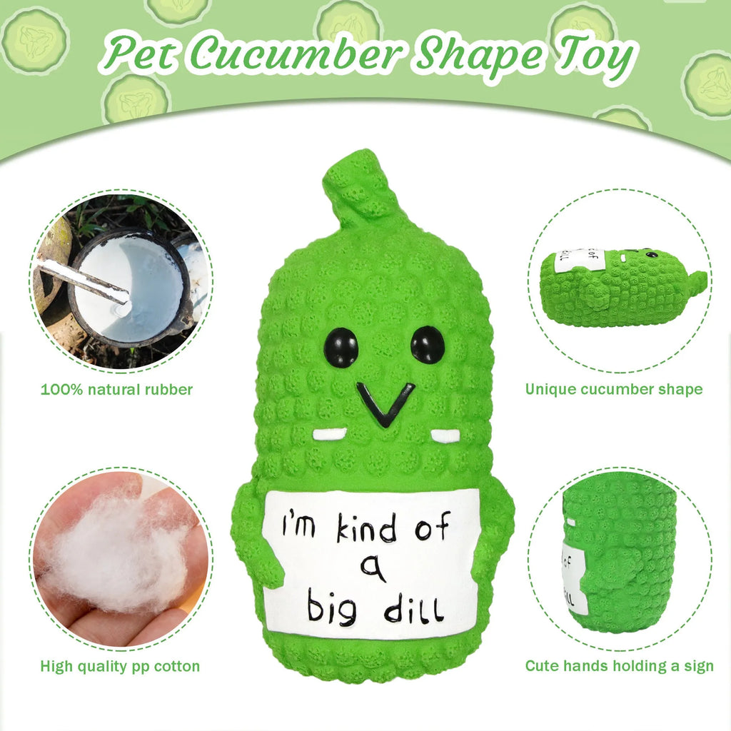 Green latex pickle dog chew toy with textured nubs and squeaker.