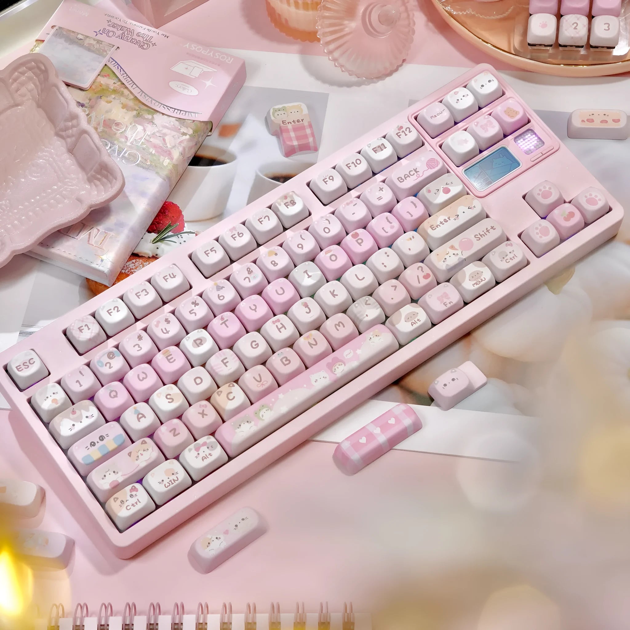 MOA Height full five-sided sublimation key cap set in pink cartoon design for MX switch mechanical keyboards